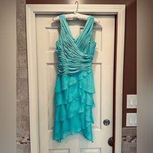 Signature by Sangria Turquoise One-Shoulder Layered Ruffle Dress